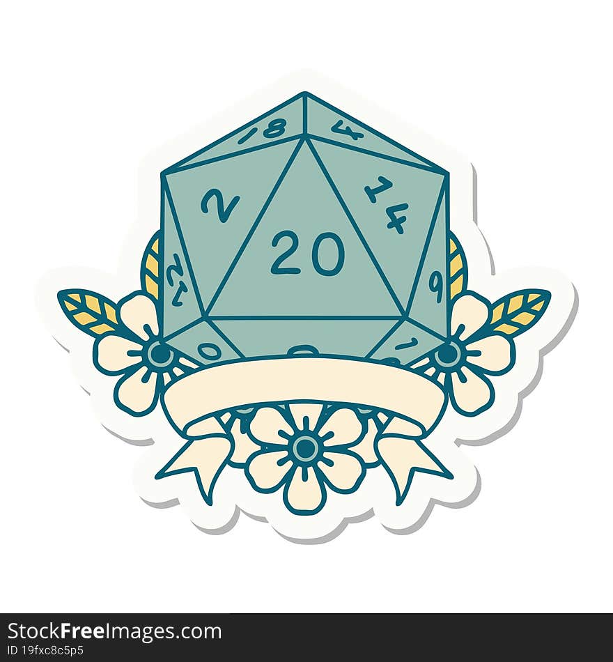 sticker of a natural 20 critical hit D20 dice roll. sticker of a natural 20 critical hit D20 dice roll