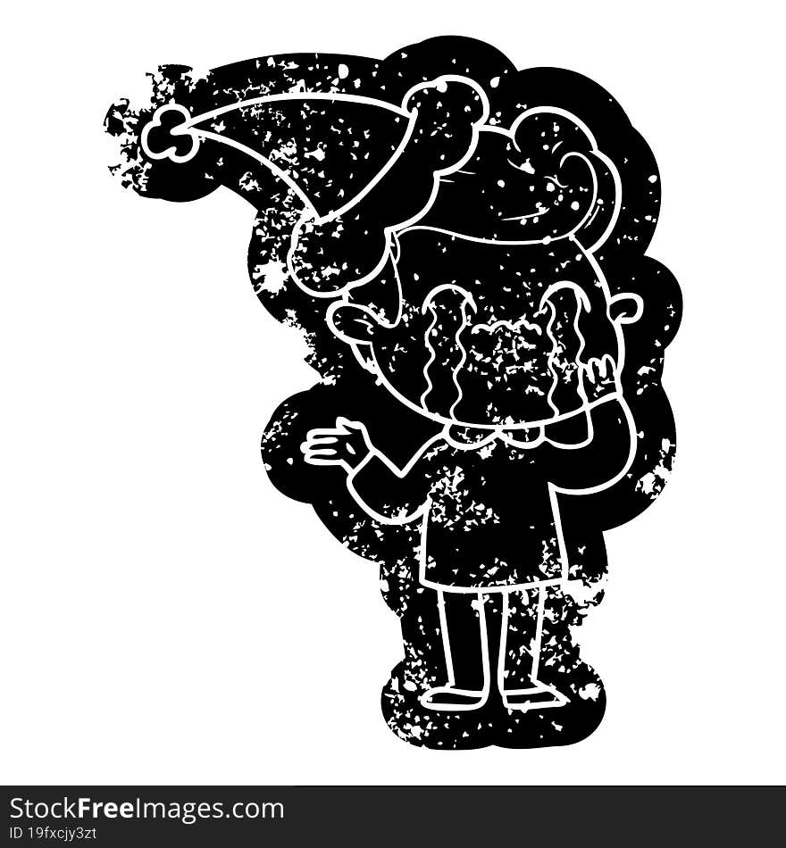 cartoon distressed icon of a man crying wearing santa hat