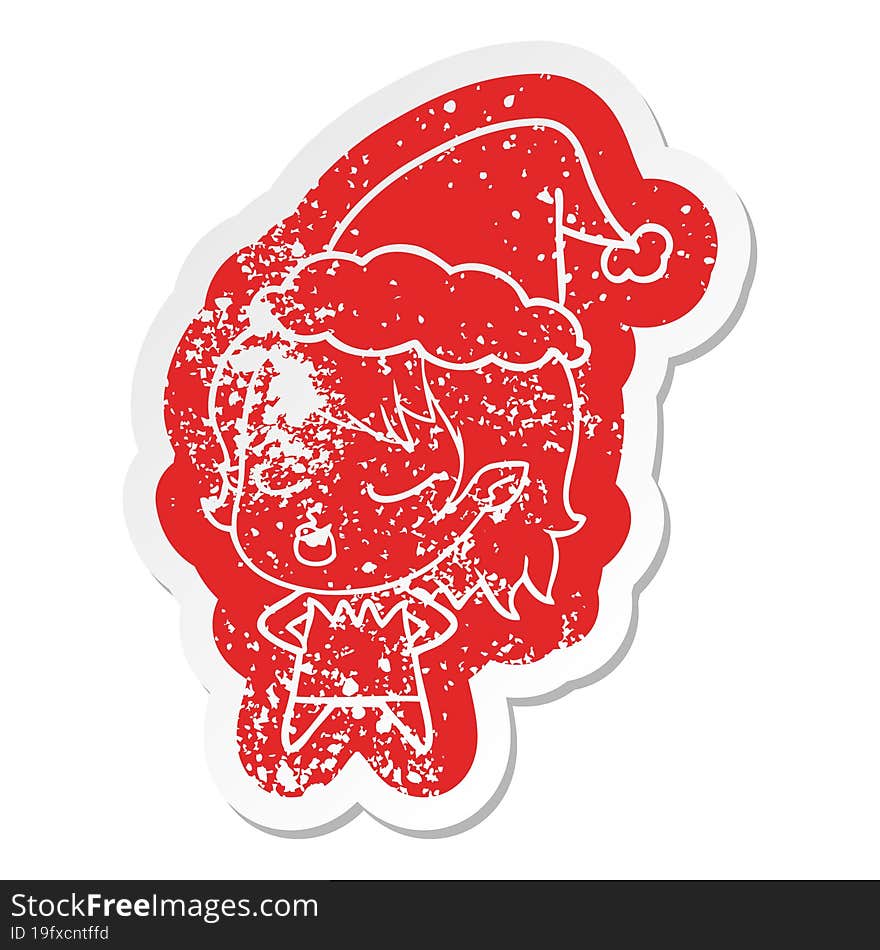 cute cartoon distressed sticker of a vampire girl wearing santa hat