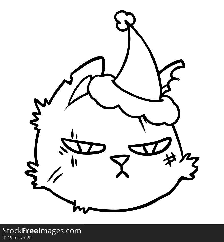 line drawing of a tough cat face wearing santa hat