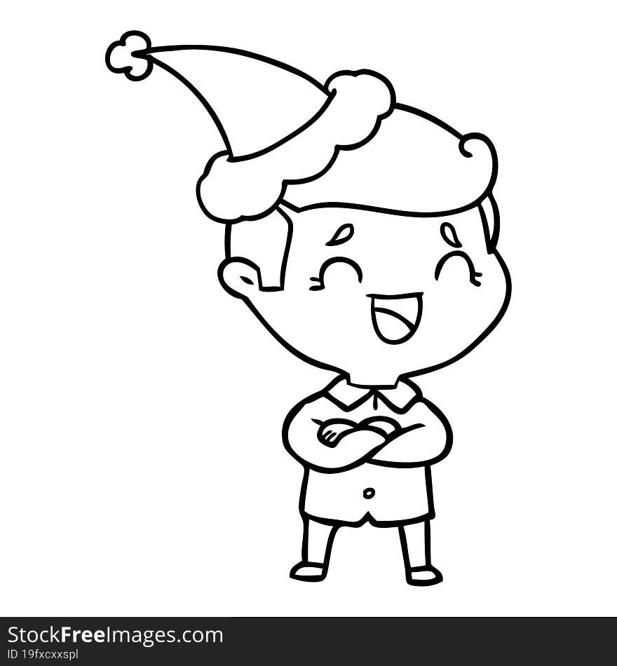 Line Drawing Of A Laughing Man Wearing Santa Hat