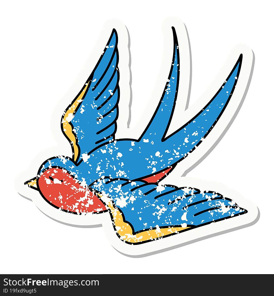 Traditional Distressed Sticker Tattoo Of A Swallow