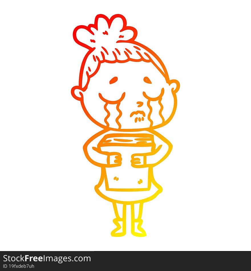 warm gradient line drawing cartoon crying woman holding book