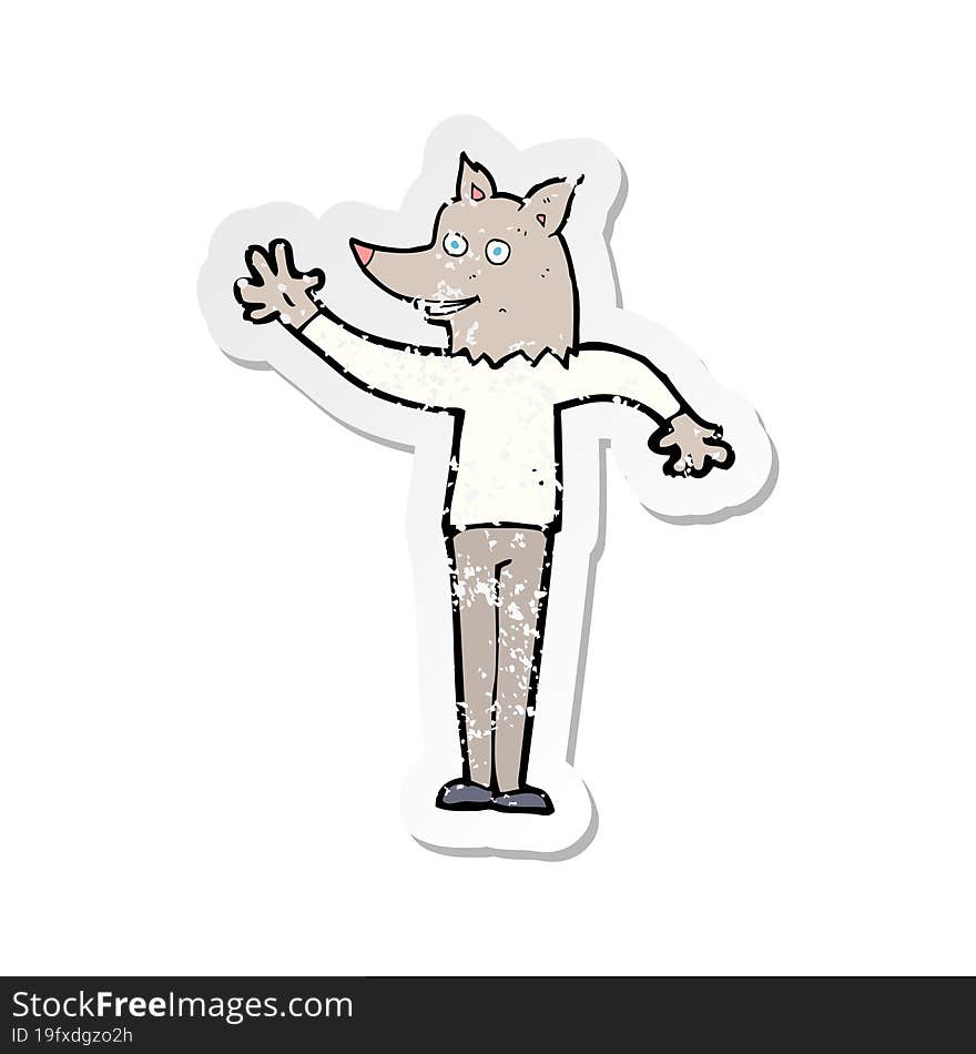 retro distressed sticker of a cartoon waving wolf man