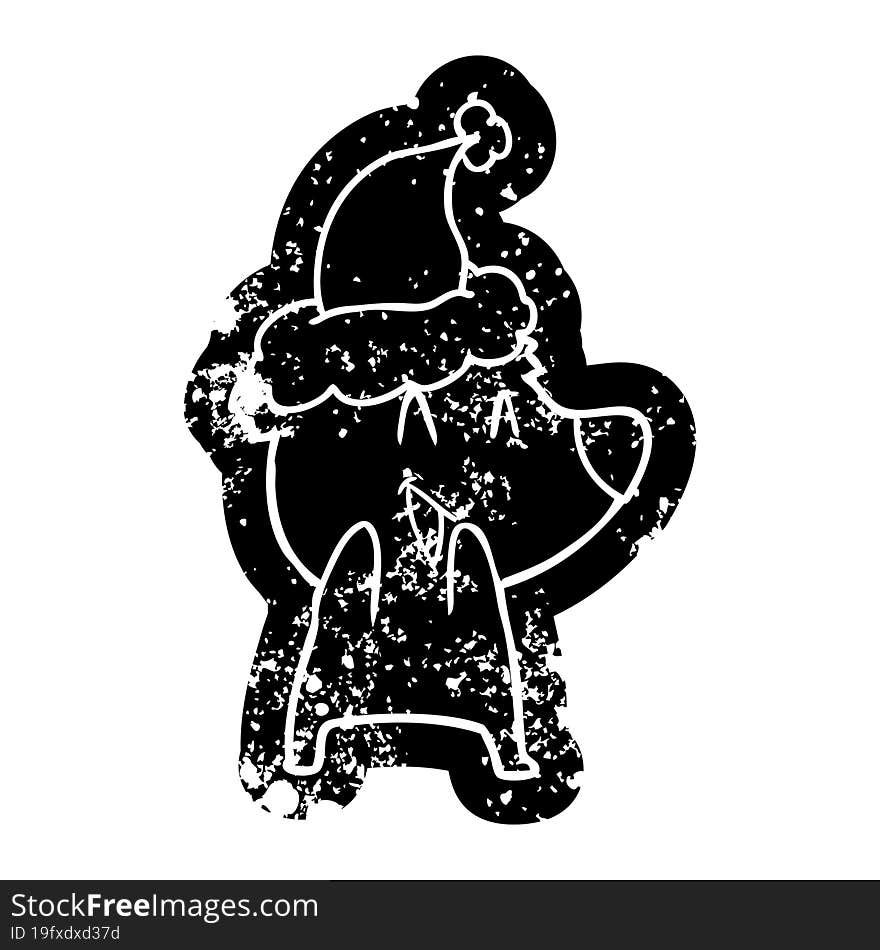 laughing polar bear quirky cartoon distressed icon of a wearing santa hat