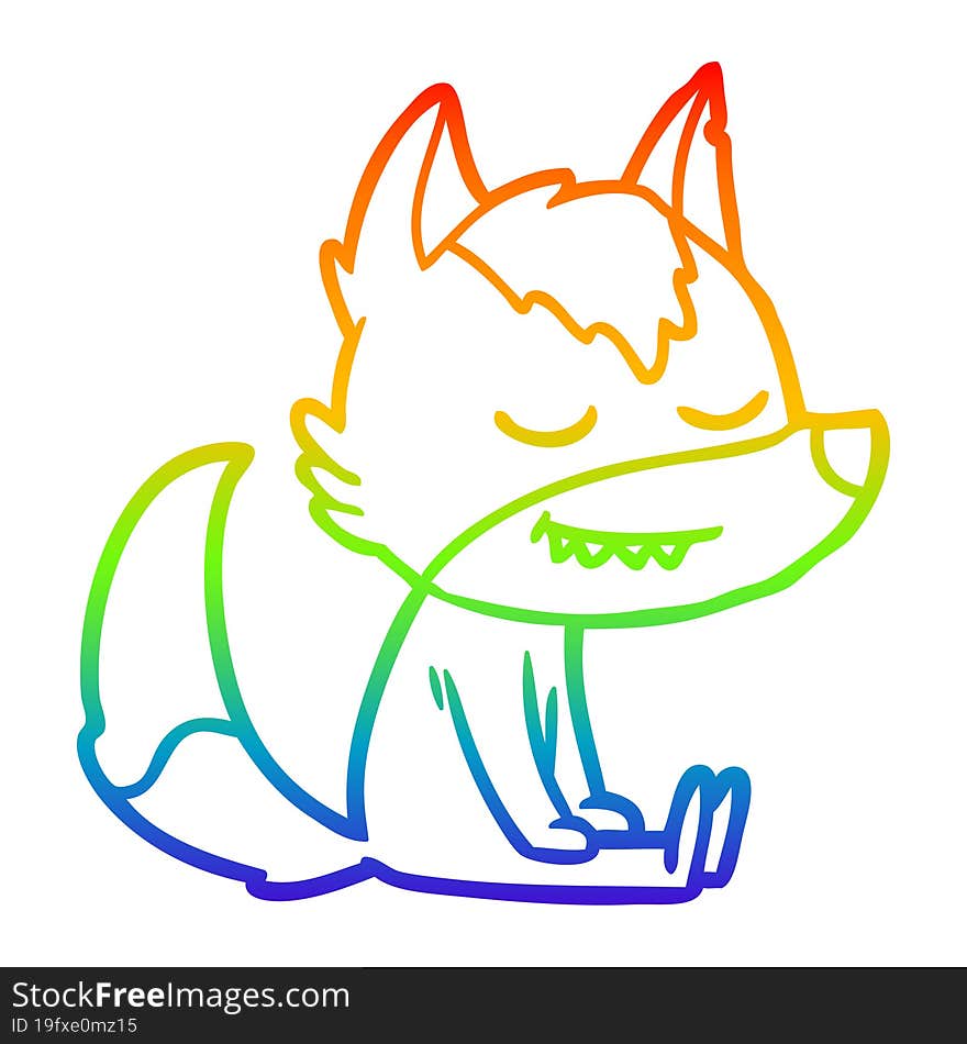 Rainbow Gradient Line Drawing Friendly Cartoon Wolf Sitting Down