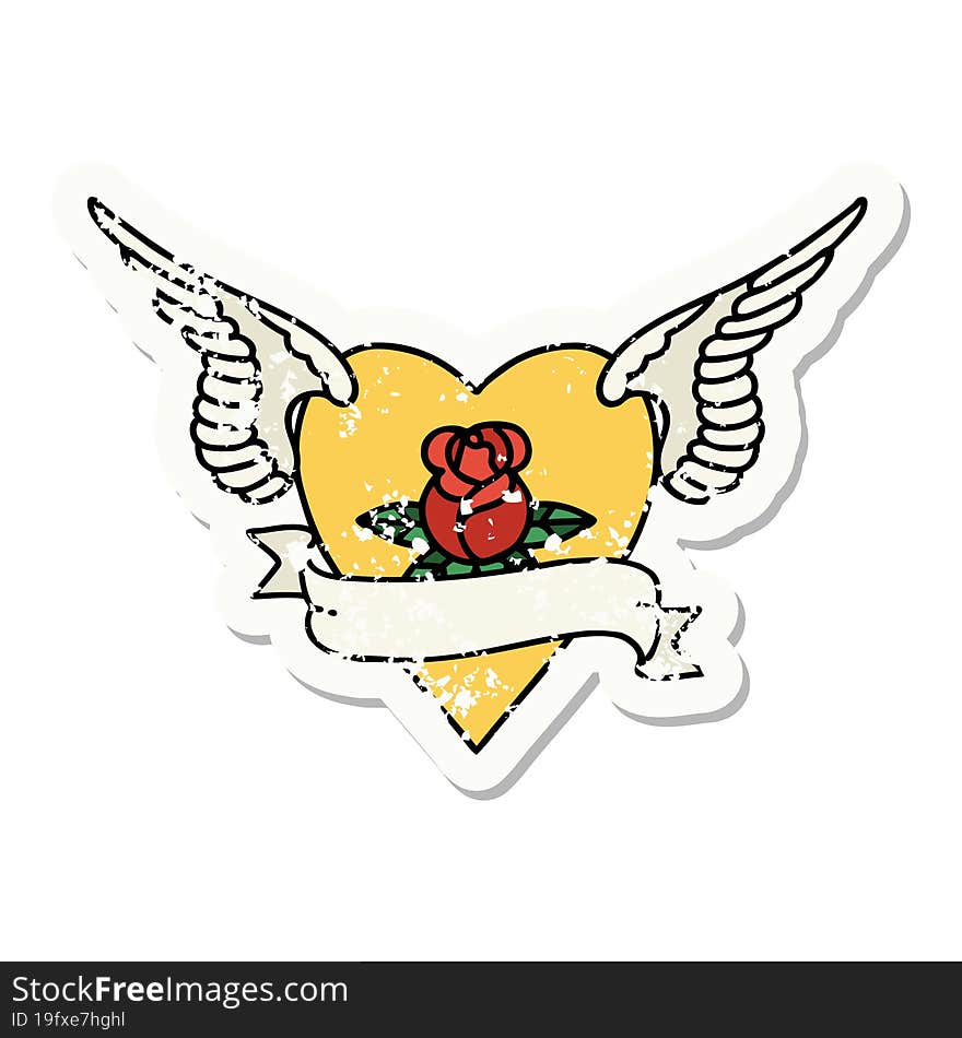 Traditional Distressed Sticker Tattoo Of A Heart With Wings A Rose And Banner