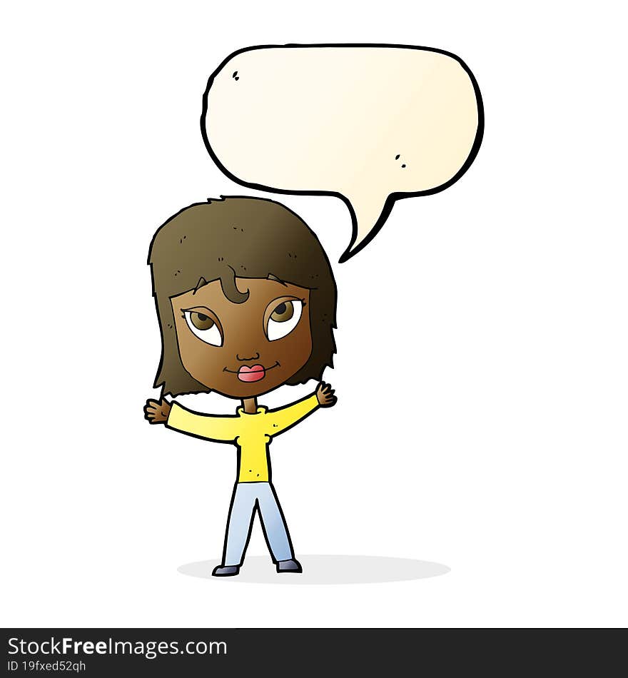 Cartoon Happy Woman Waving Arms With Speech Bubble