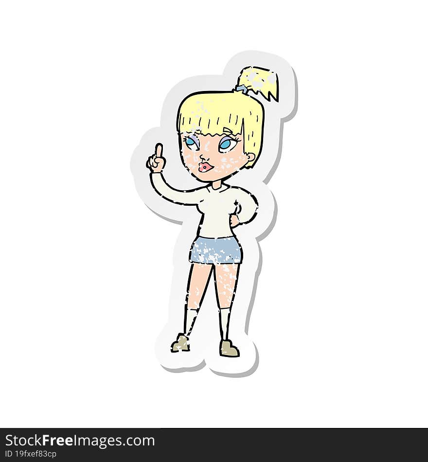 retro distressed sticker of a cartoon attractive girl with idea