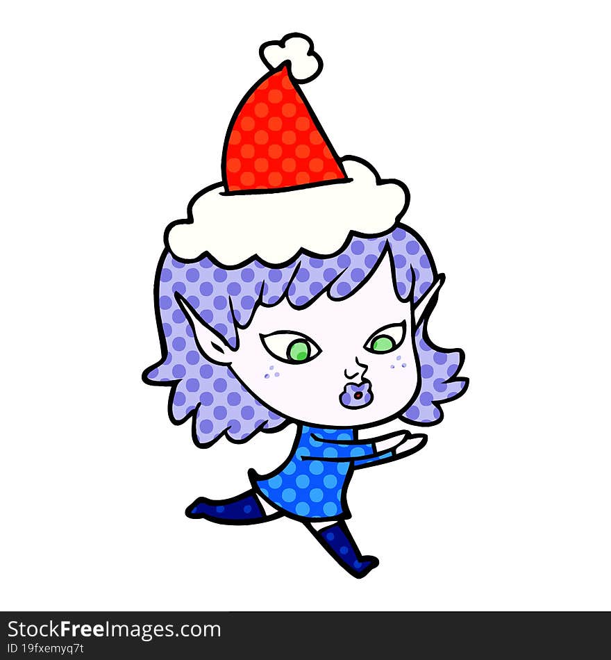 pretty comic book style illustration of a elf girl wearing santa hat