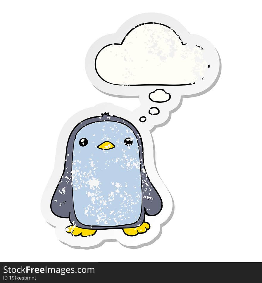 cute cartoon penguin and thought bubble as a distressed worn sticker