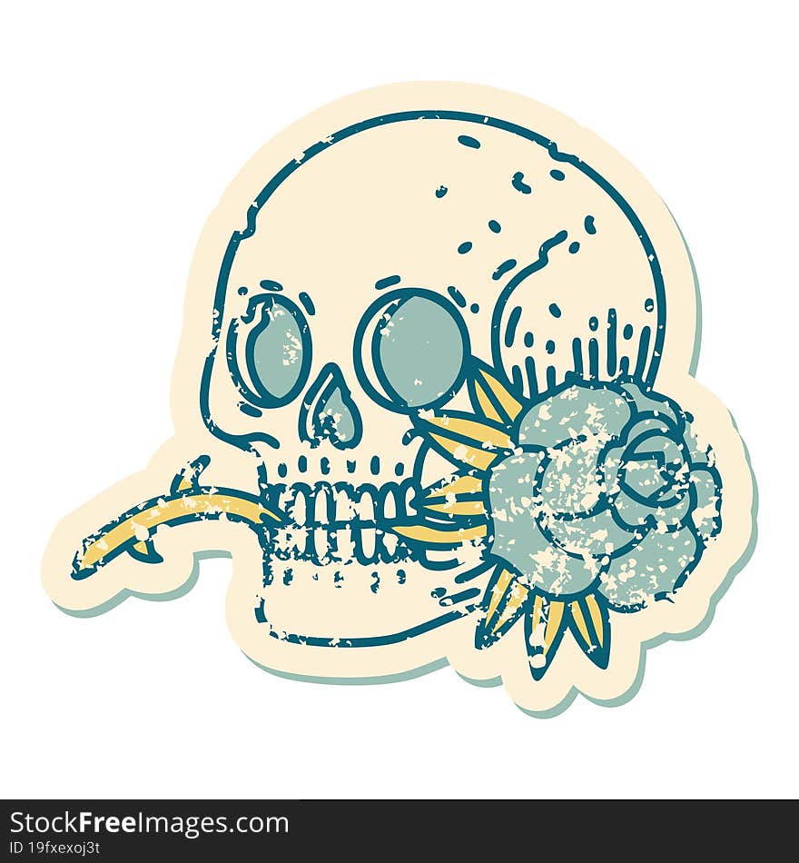 distressed sticker tattoo style icon of a skull and rose