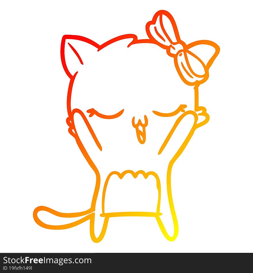 Warm Gradient Line Drawing Cartoon Cat With Bow On Head