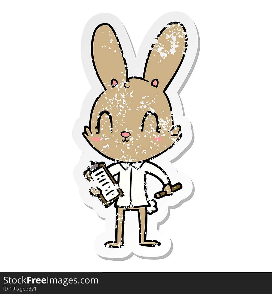 distressed sticker of a cute cartoon rabbit with clipboard