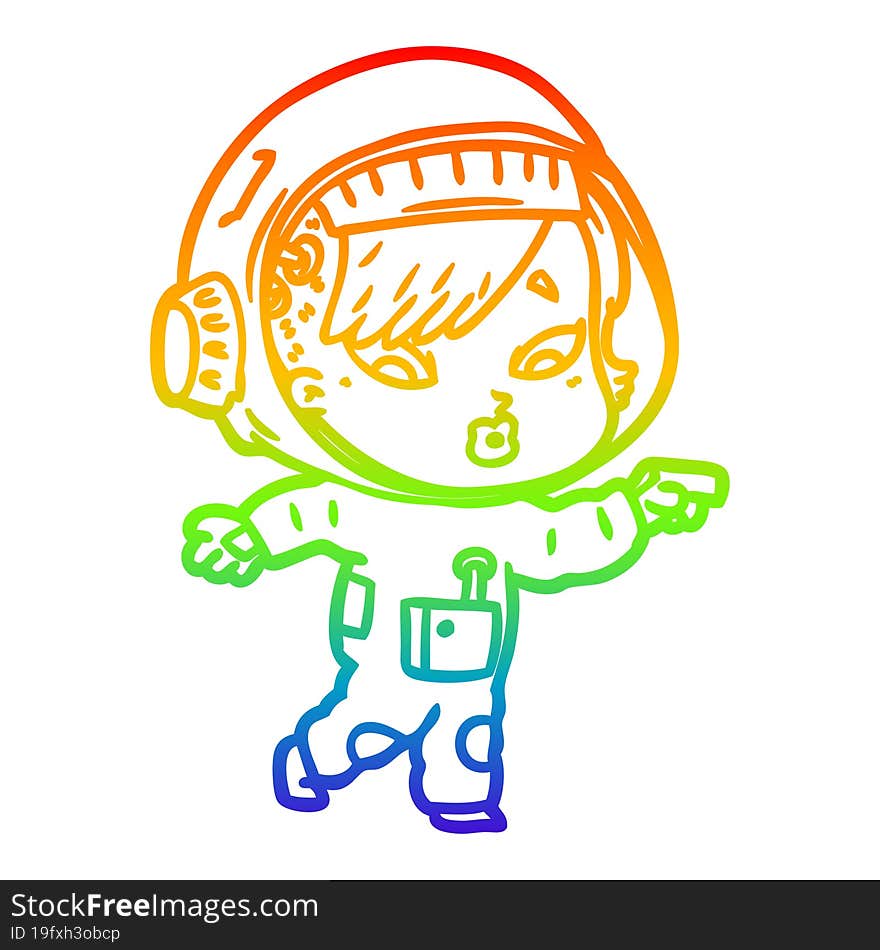 rainbow gradient line drawing of a cartoon astronaut woman