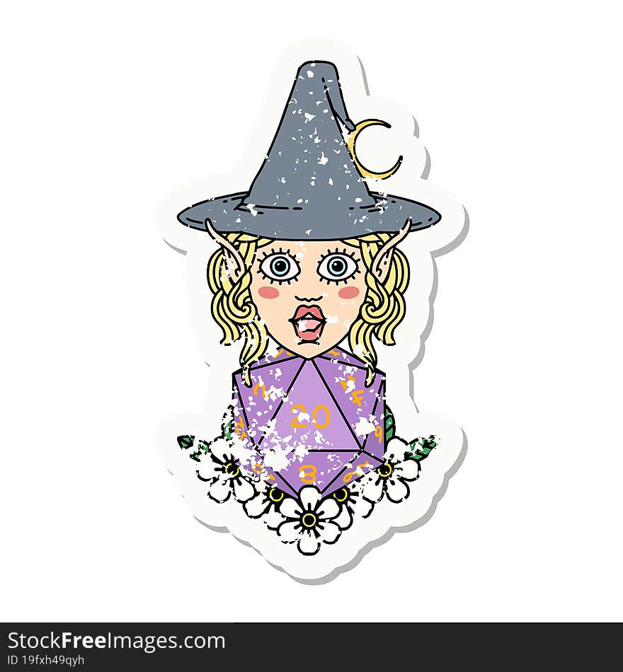 elf mage character with natural twenty dice roll grunge sticker