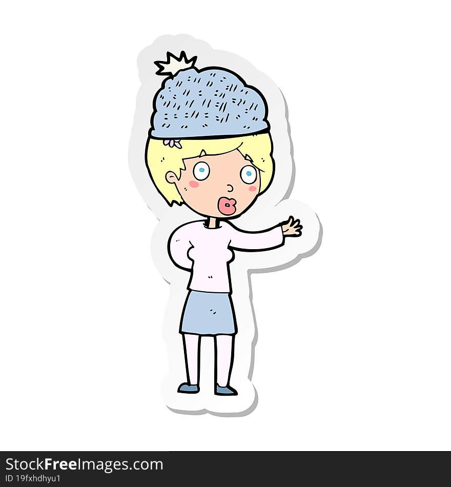 Sticker Of A Cartoon Woman Wearing Winter Hat