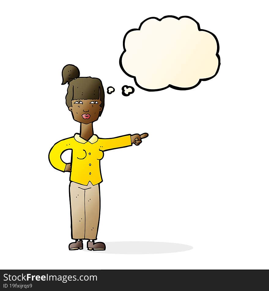 cartoon woman pointing with thought bubble