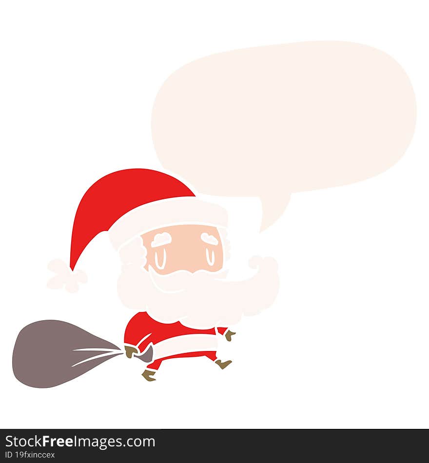 Cartoon Santa Claus Carrying Sack Of Presents And Speech Bubble In Retro Style