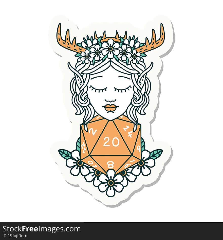 elf druid character with nautral twenty dice roll sticker