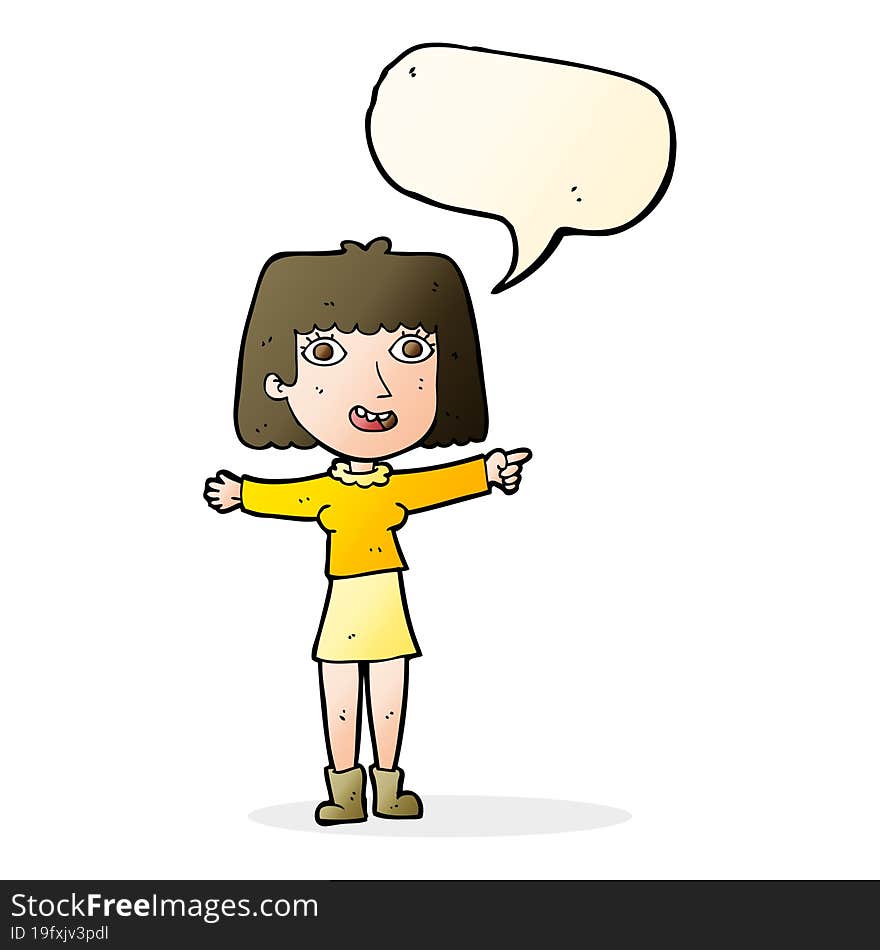 cartoon happy woman pointing with speech bubble