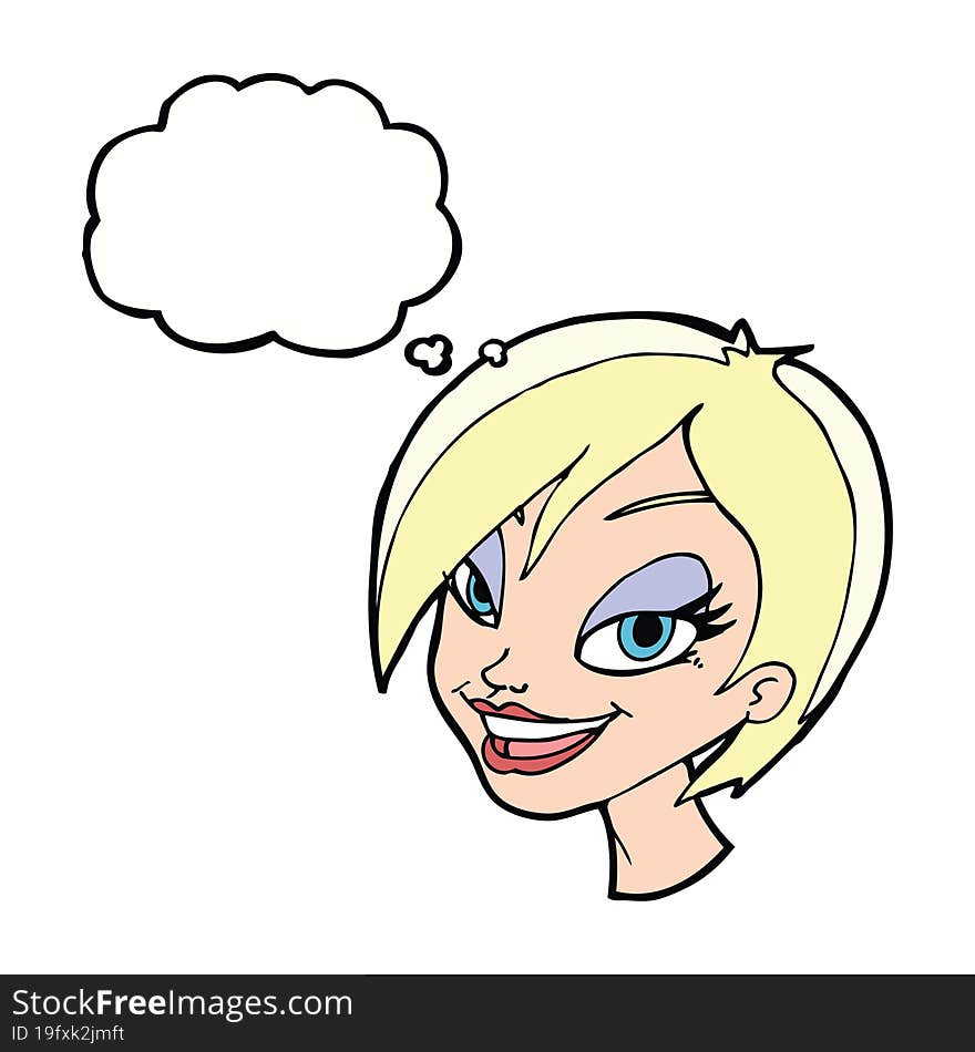 cartoon pretty female face with thought bubble