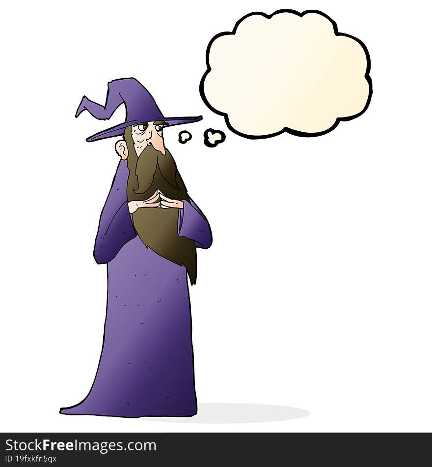 cartoon old wizard with thought bubble