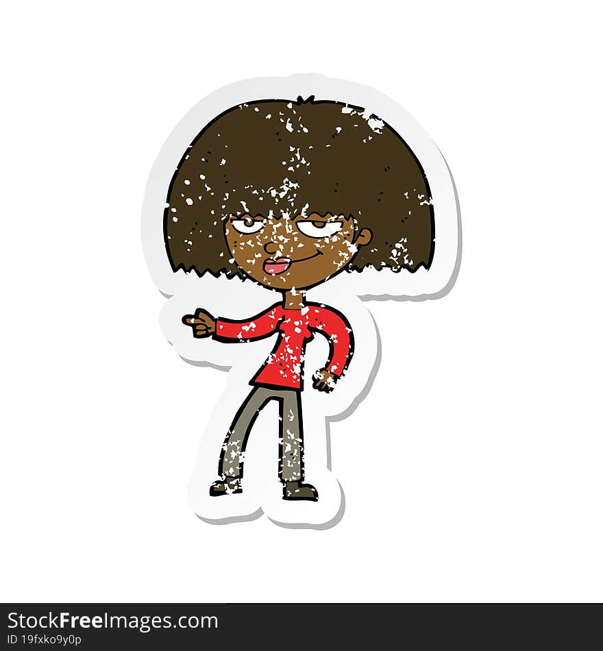 Retro Distressed Sticker Of A Cartoon Happy Woman Pointing