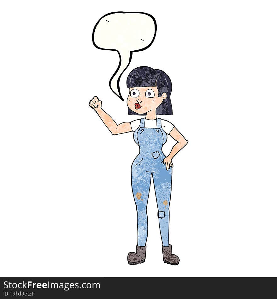 Speech Bubble Textured Cartoon Woman Clenching Fist