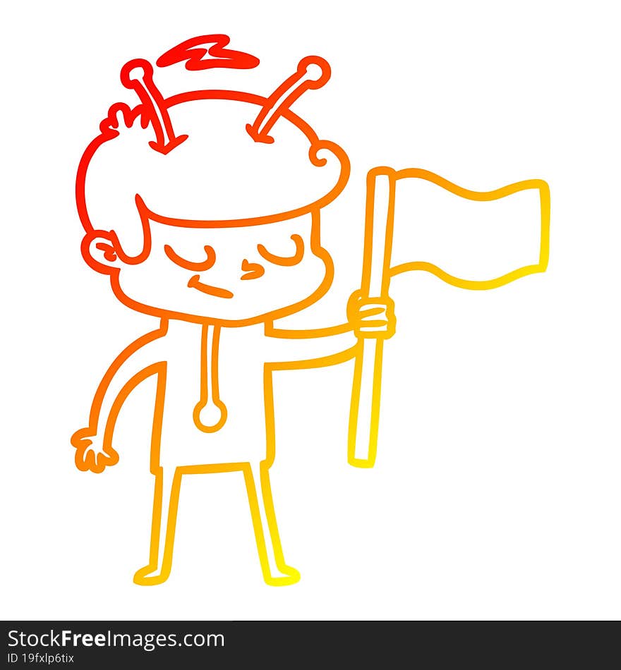 Warm Gradient Line Drawing Friendly Cartoon Spaceman With White Flag