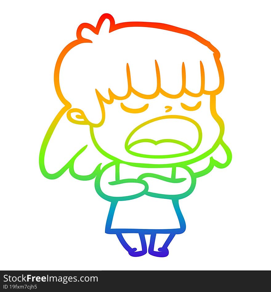 rainbow gradient line drawing of a cartoon woman talking loudly