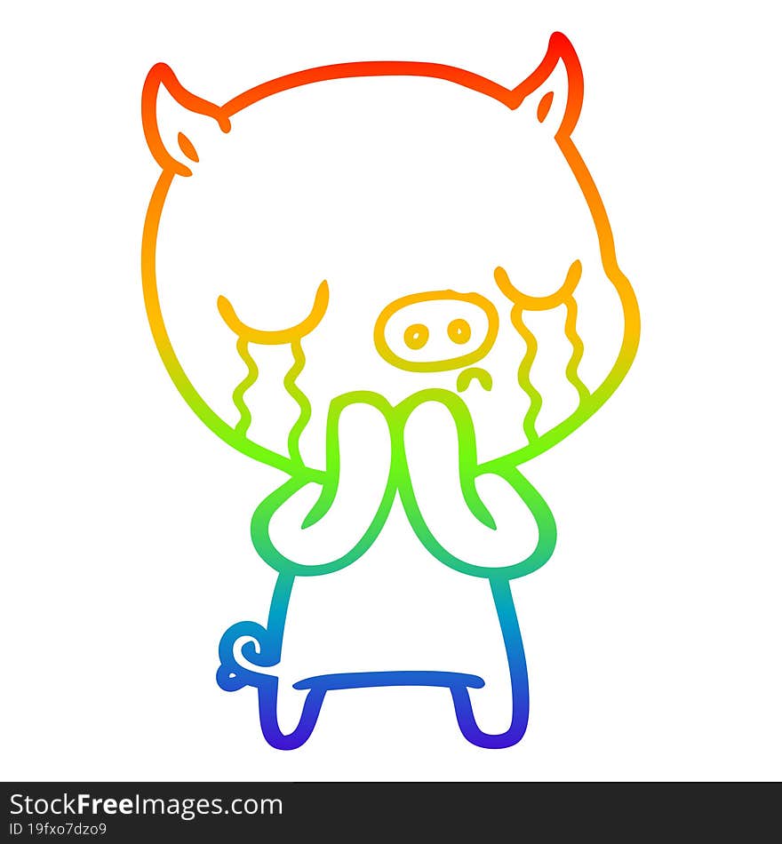 rainbow gradient line drawing of a cartoon pig crying