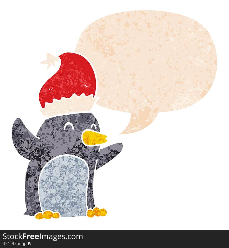 cute cartoon christmas penguin and speech bubble in retro textured style