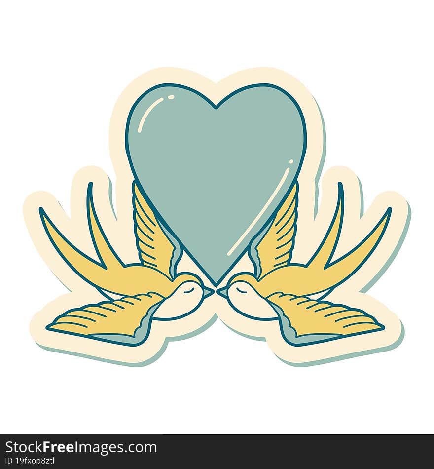 sticker of tattoo in traditional style of swallows and a heart. sticker of tattoo in traditional style of swallows and a heart