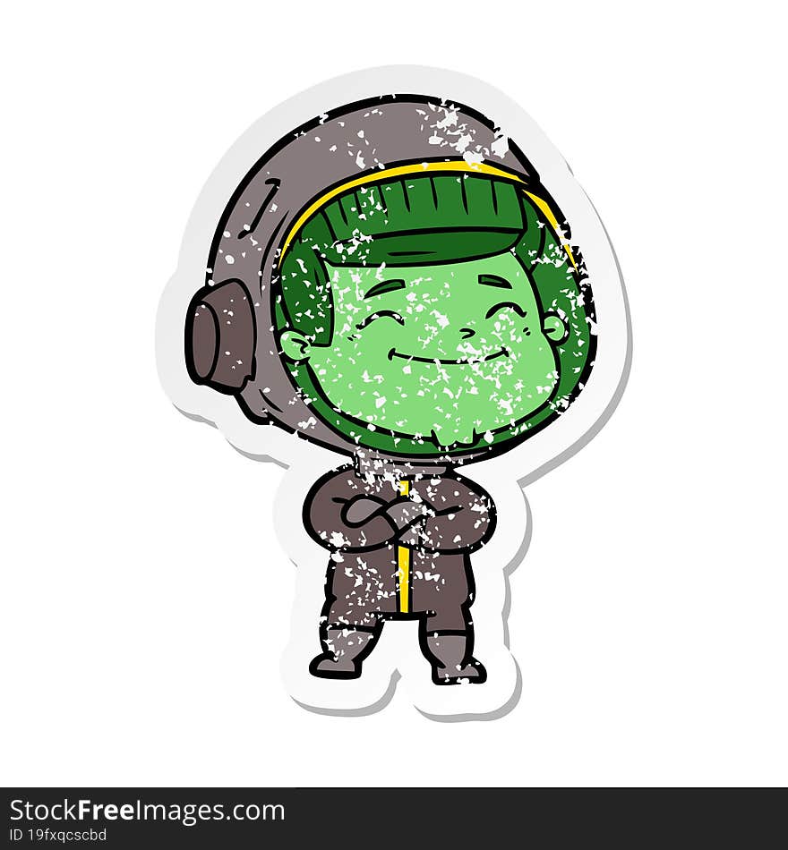 Distressed Sticker Of A Happy Cartoon Astronaut