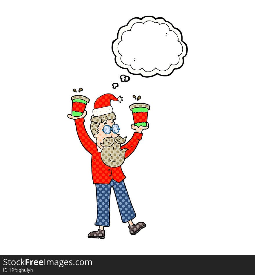 freehand drawn thought bubble cartoon man with coffee cups at christmas