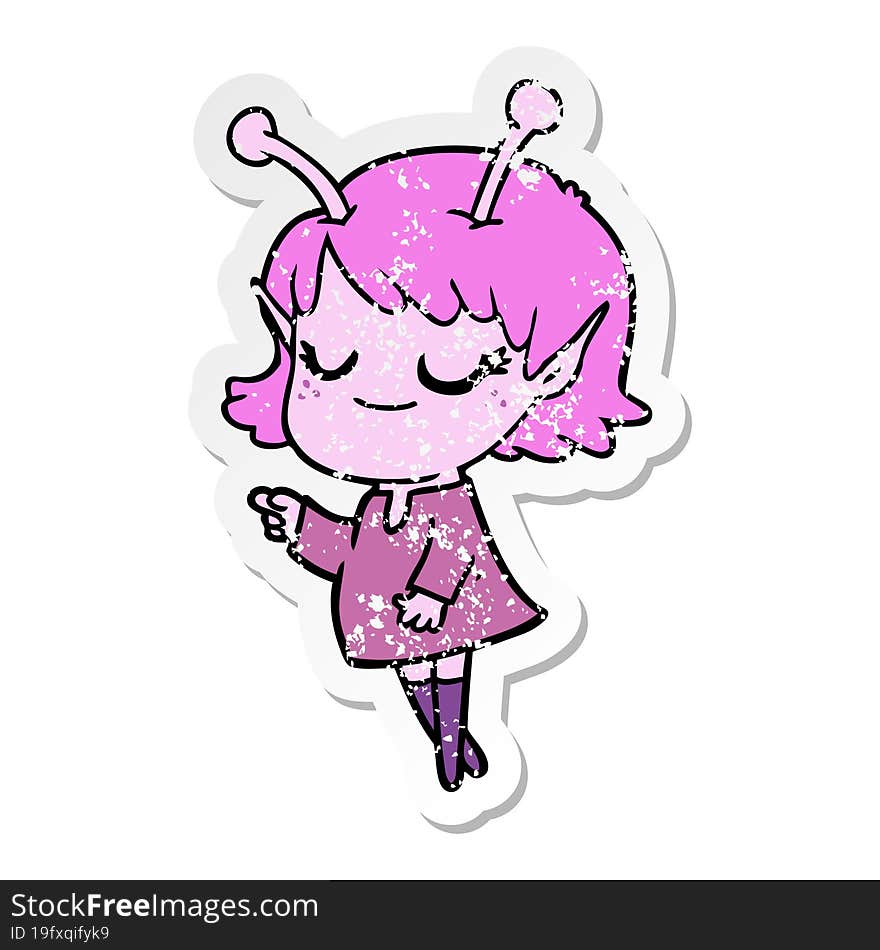 distressed sticker of a smiling alien girl cartoon