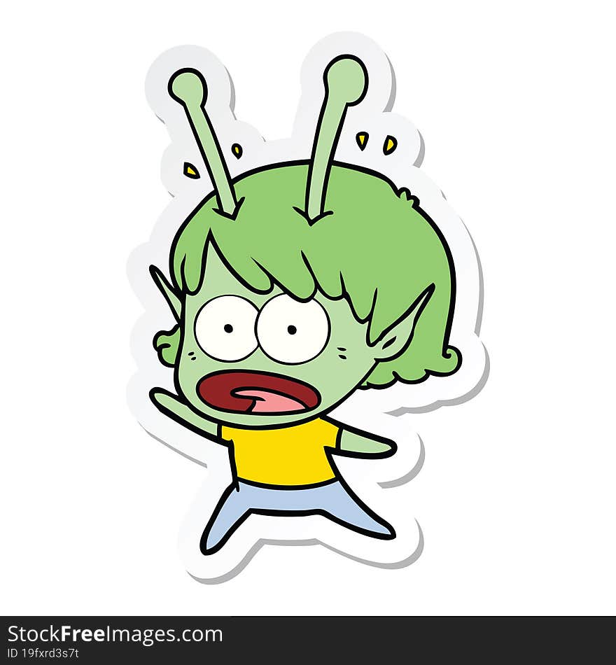 sticker of a cartoon shocked alien girl