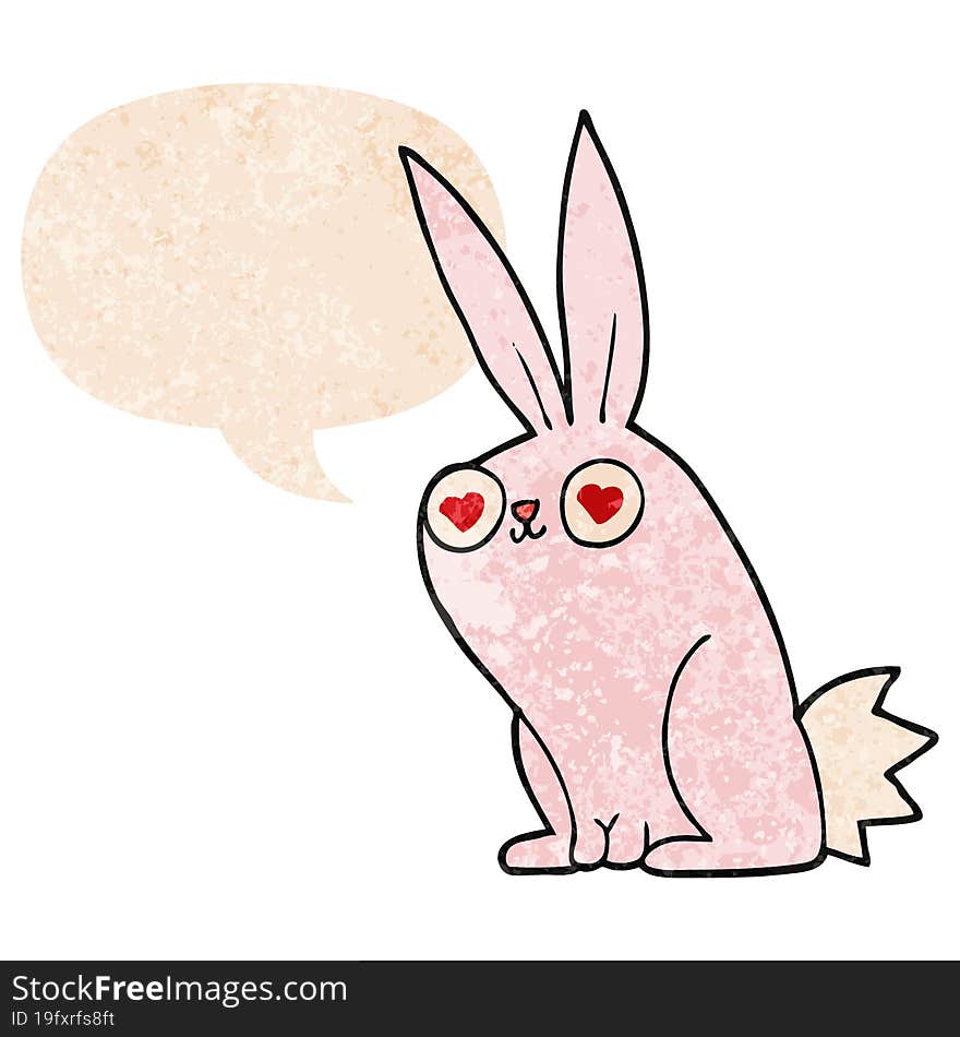 cartoon bunny rabbit in love with speech bubble in grunge distressed retro textured style. cartoon bunny rabbit in love with speech bubble in grunge distressed retro textured style