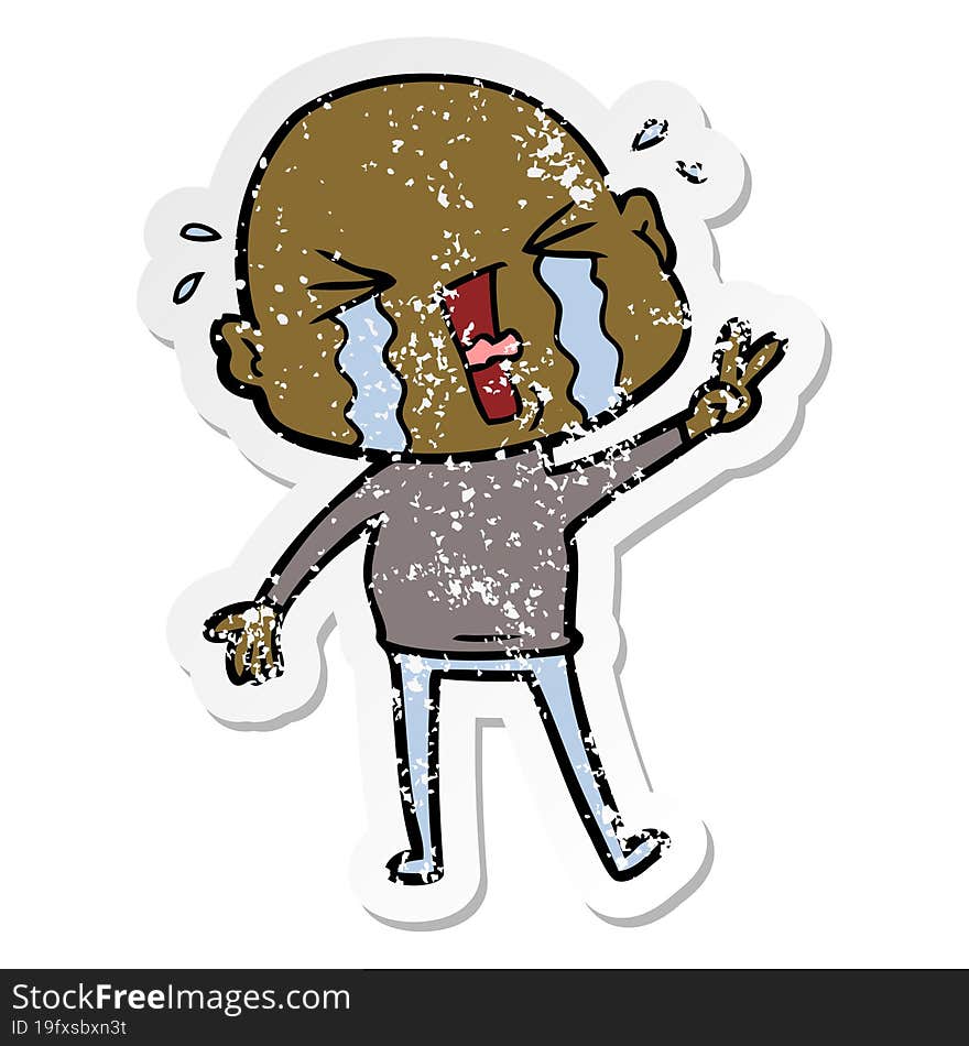 distressed sticker of a cartoon crying bald man