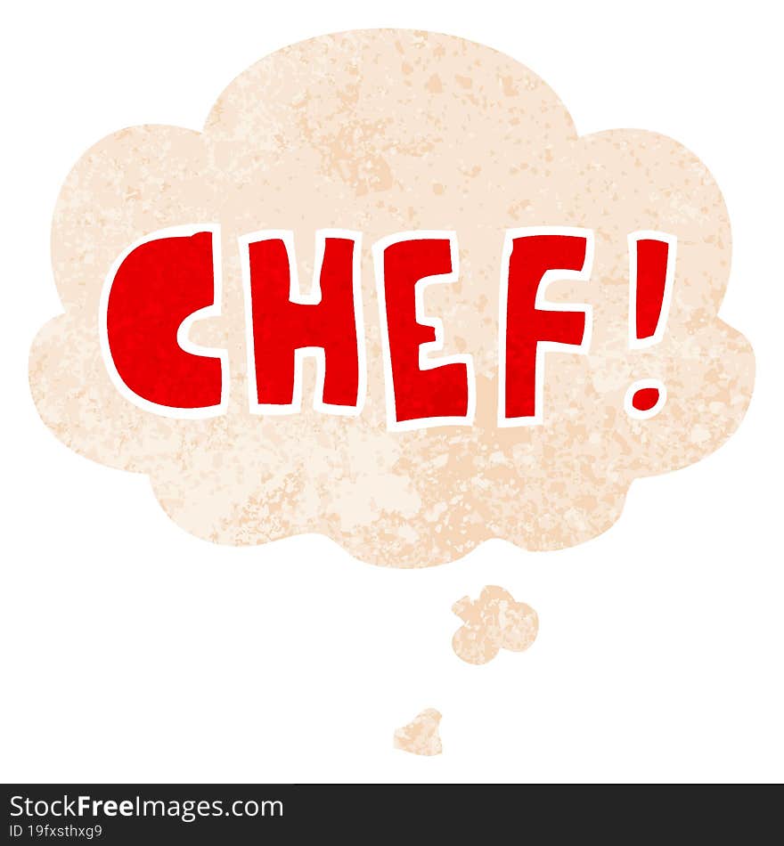 cartoon word chef and thought bubble in retro textured style