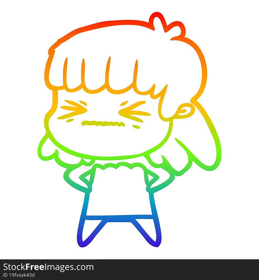 rainbow gradient line drawing of a cartoon angry girl