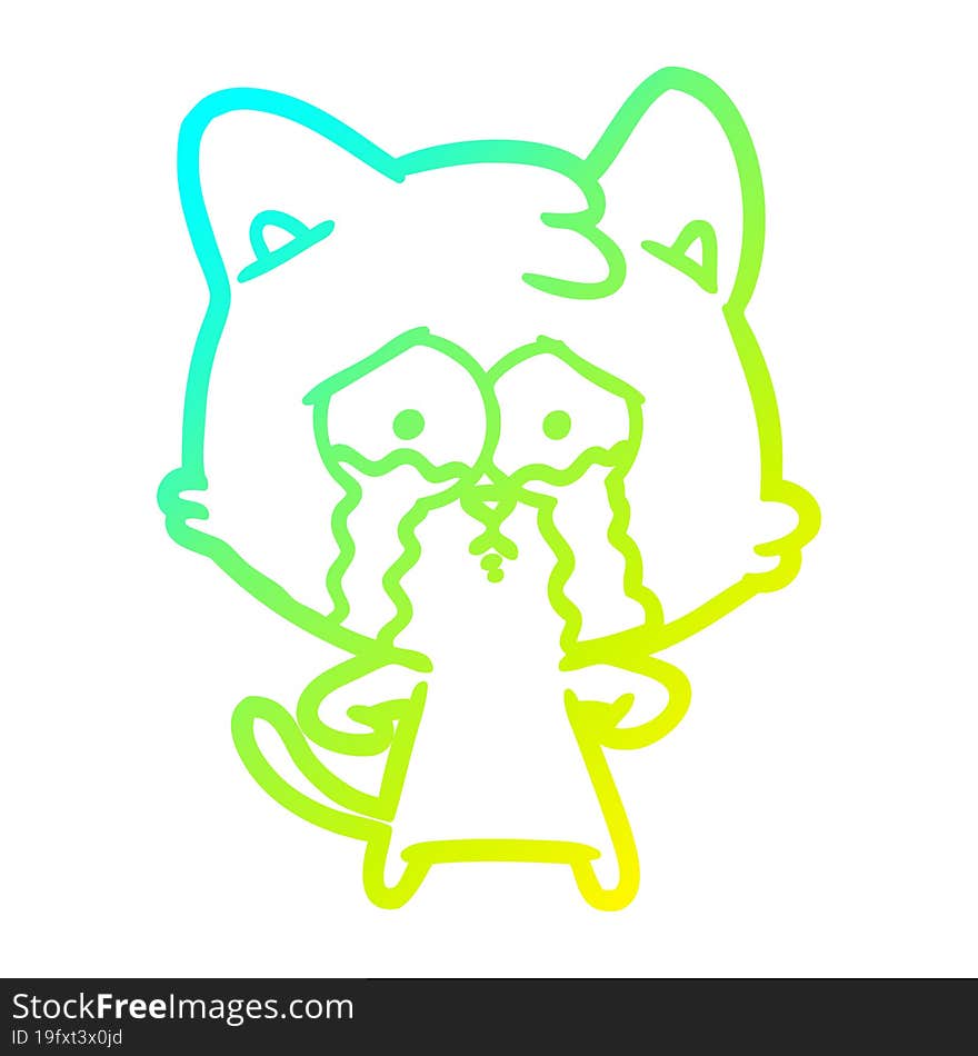 cold gradient line drawing of a cartoon crying cat