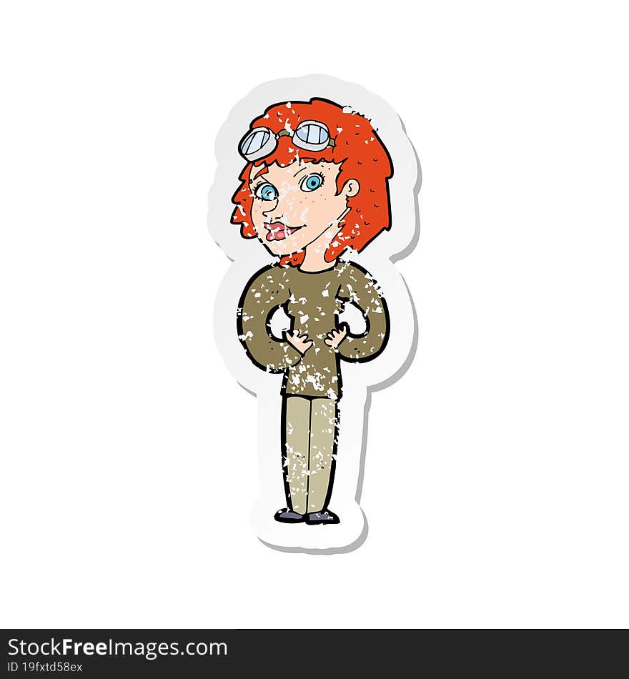 retro distressed sticker of a cartoon aviator woman