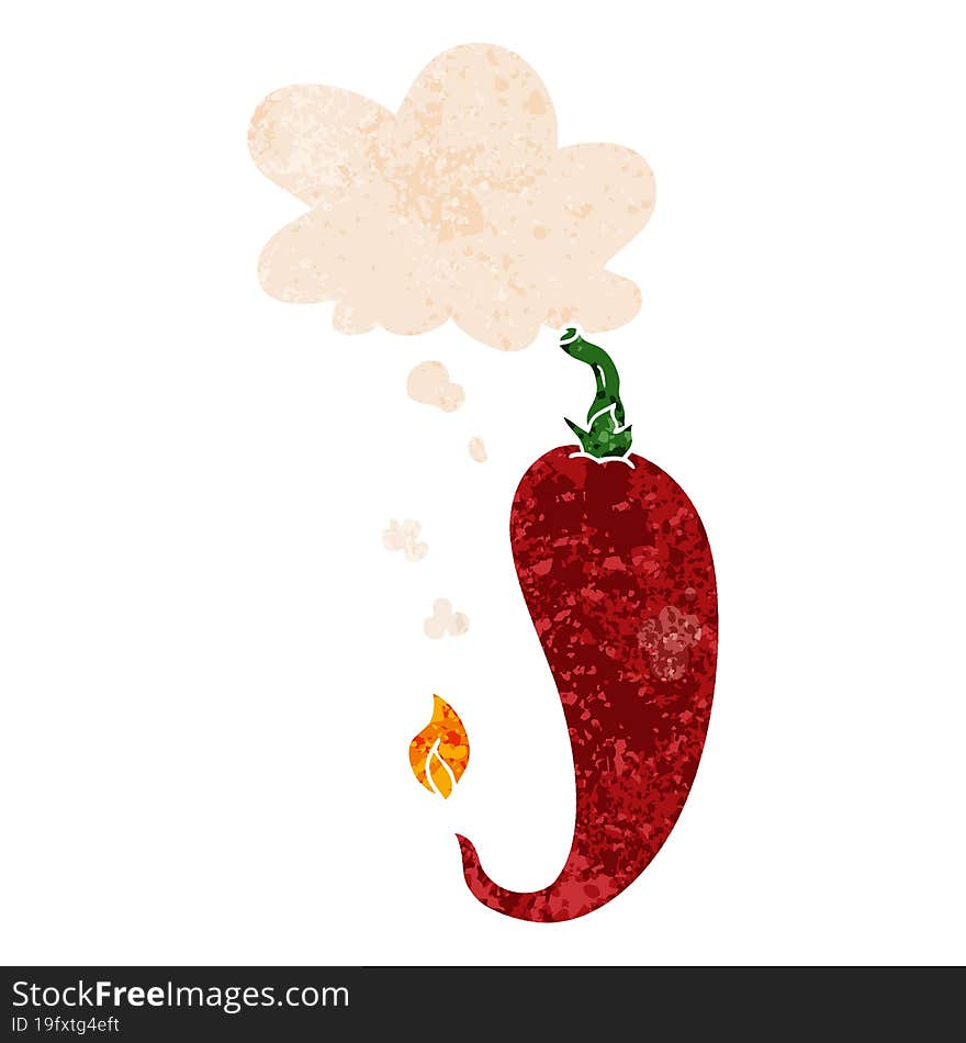 cartoon chili pepper and thought bubble in retro textured style