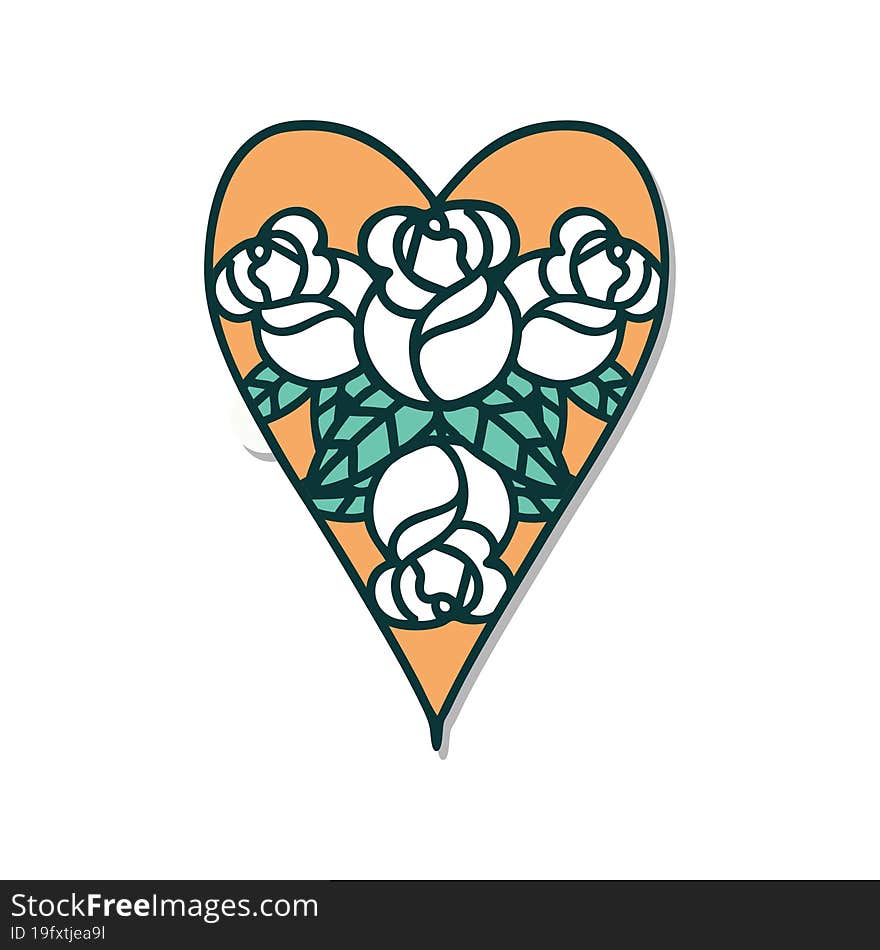 sticker of tattoo in traditional style of a heart and flowers. sticker of tattoo in traditional style of a heart and flowers