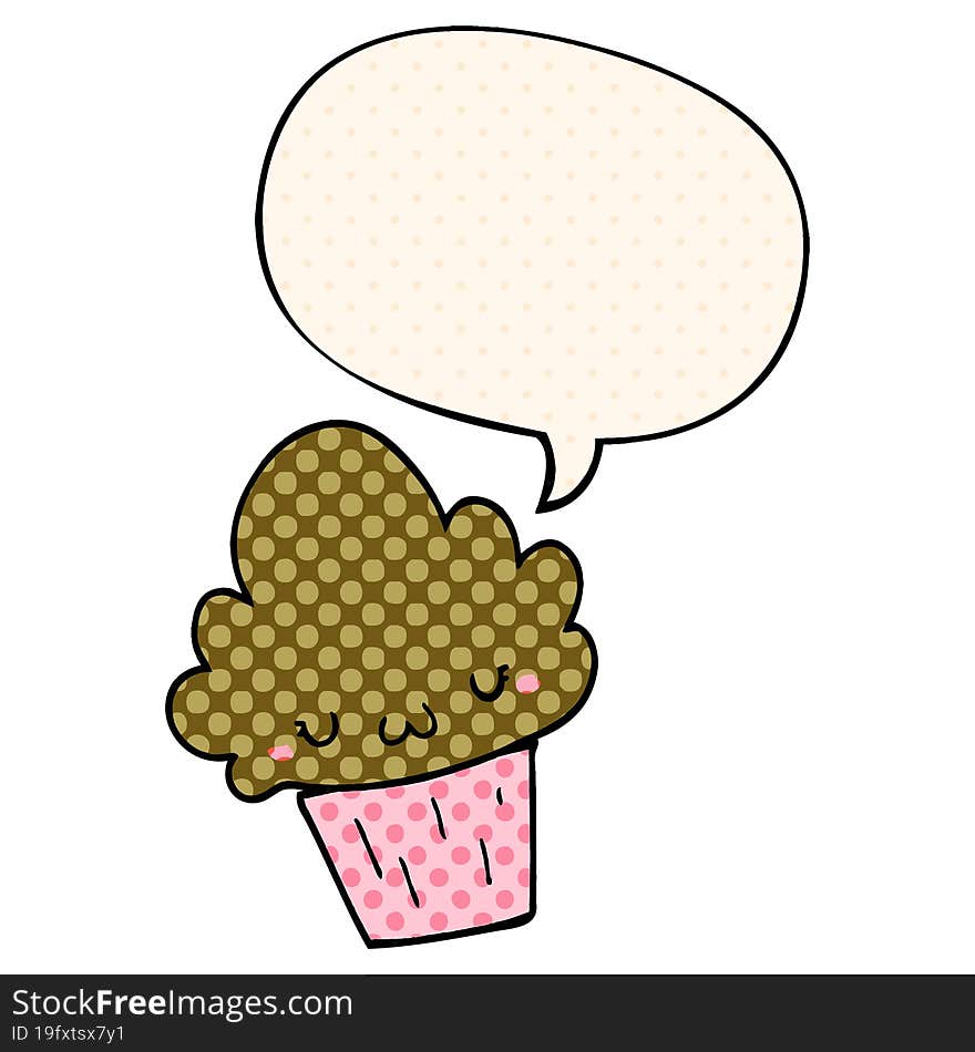 Cartoon Cupcake And Face And Speech Bubble In Comic Book Style