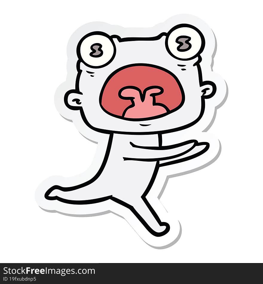 sticker of a cartoon weird alien running away