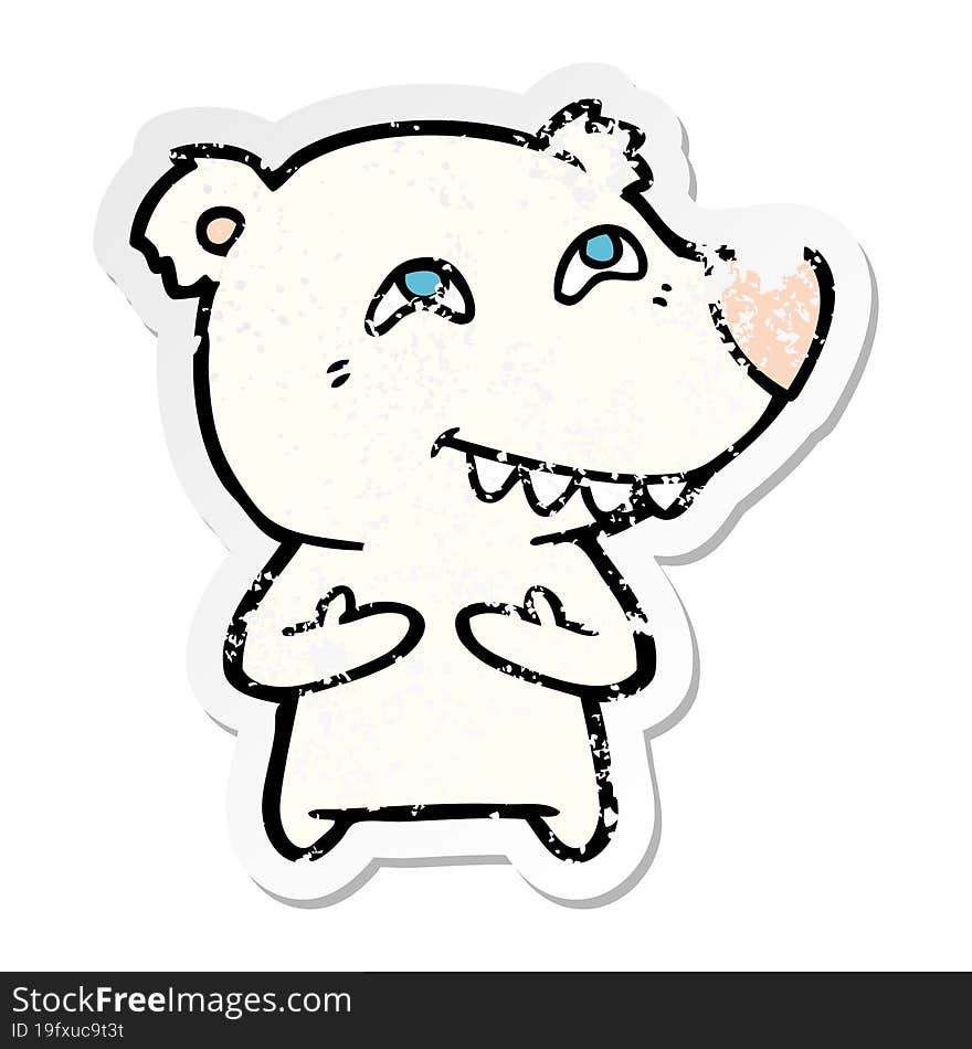 distressed sticker of a cartoon polar bear showing teeth