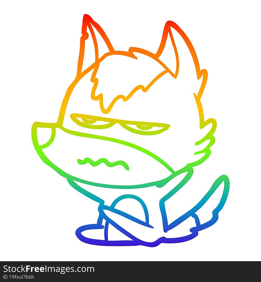 Rainbow Gradient Line Drawing Cartoon Annoyed Wolf